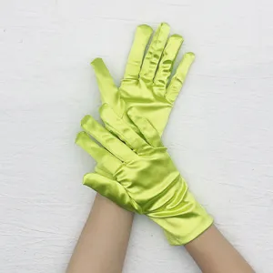 Short stretch satin gloves for women, bright green evening party dress and wedding accessories.