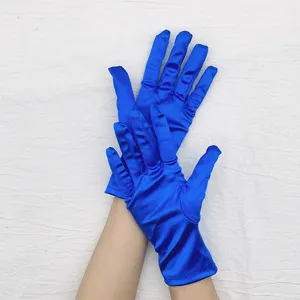 Royal blue satin short gloves for women, elegant evening party and wedding opera wear.