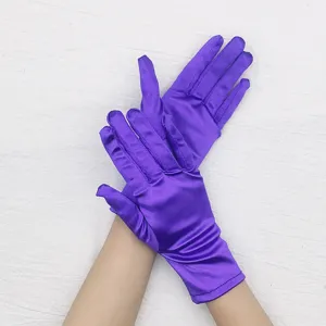 Short stretch satin gloves purple shiny ballroom performance dress gloves for women detail view