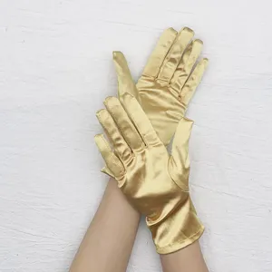 Gold stretch satin short gloves for evening party, prom performance, and wedding wear.