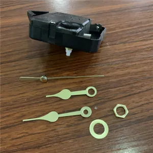 Quartz clock movement mechanism replacement kit with golden hands and hardware for DIY crafts.