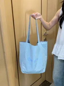 Blue Canvas Tote Bag Reversible Checkered Interior Casual Commuter Shoulder Bag Details