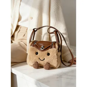 Cute plush doll crossbody bag fluffy mini shoulder handbag with funny face brown cute design