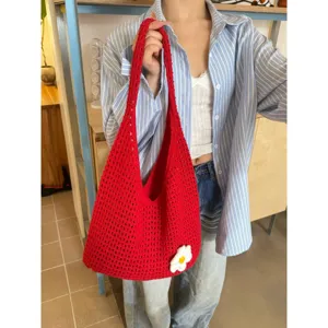 Red crochet knit shoulder bag with cute flower decor, hollow mesh casual daily tote bag.