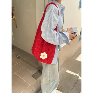 Red crochet knit shoulder bag with cute white flower, chic casual hollow beach tote bag.