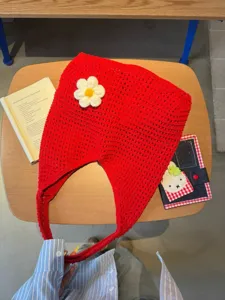 Women Casual Knitted Hollow Out Tote Bag Crochet Shoulder Bag With Floral Accent Lazy Style Daily Handbag