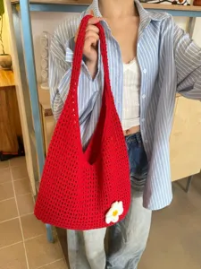 Red crochet knit hobo shoulder bag with cute white flower hollow mesh casual daily use