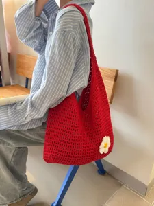 Red crochet shoulder bag for women, hollow mesh knit tote bag with cute flower design casual