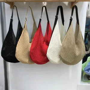 Hollow woven shoulder bag summer casual beach hobo handbag mesh crochet purses for women