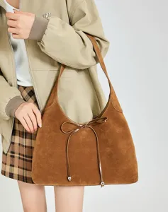 Retro Wildleder Umhängetasche für Damen, lässige slouchy Tasche mit süßem Schleifen-Kordelzug.