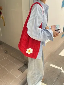 Red crochet shoulder bag with white flower hollow knit tote bag for women stylish casual
