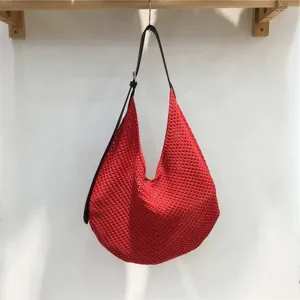 Red hollow crochet woven shoulder bag casual summer beach hobo bag detailed view