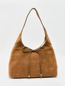 Damen Vintage Wildleder Umhängetasche Große Kapazität Casual Hobo Totetasche Mit Schleife Kordelzug Tägliche Handtasche