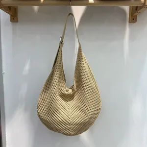 Beige hollow woven shoulder bag stylish casual beach hobo bag for summer vacation