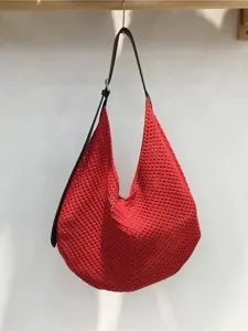 Stunning red crochet hobo shoulder bag stylish hollow woven summer beach casual handbag