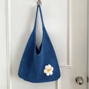 Sac bandoulière crochet bleu, sac à main filet tricoté avec fleur blanche, décontracté.