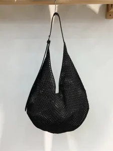 Black woven mesh shoulder bag casual summer beach hobo handbag stylish daily purse