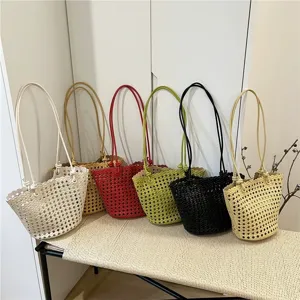 Women Woven Bucket Bag Large Capacity PU Leather Shoulder Handbag Casual Summer Commuter Tote Bag