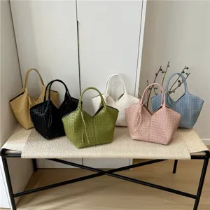 Women Woven Tote Bag PU Leather Handbag Large Capacity Commuting Casual Shoulder Crossbody Bucket Bag Fashion Purse