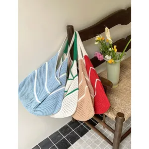 Korean style hollow mesh knit crochet tote bag large capacity summer beach shoulder bag