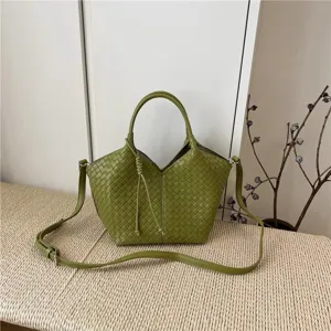 Green woven leather tote bag women stylish shoulder crossbody handbag casual use