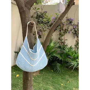 Blue crochet knit hobo tote bag casual summer beach large capacity shoulder bag for women