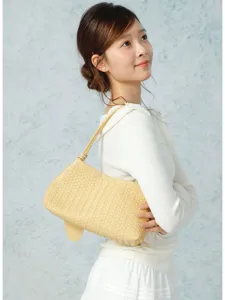 Chic woven leather shoulder bag for women, stylish French casual daily handbag yellow.