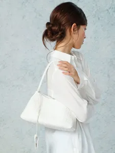 White woven shoulder bag for women, chic faux leather underarm handbag, casual daily tote.