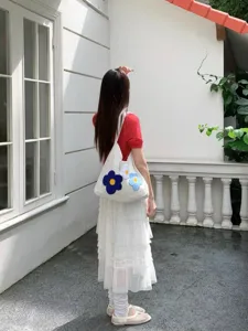 Summer casual knitted shoulder bag with cute flower embroidery, large capacity daily tote.