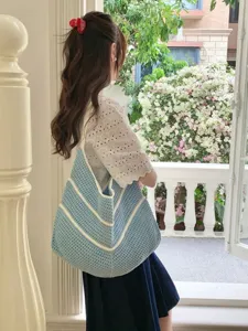 Korean style light blue crochet knit shoulder bag large capacity casual summer beach tote