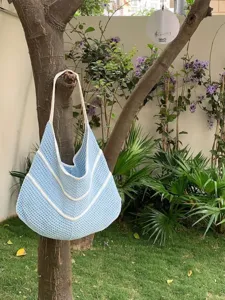 Korean hollow mesh knit woven shoulder bag summer large capacity beach tote bag blue