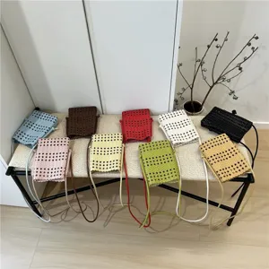 Woven Hollow Out Crossbody Mobile Phone Bag PU Leather Mini Square Handbag Casual Daily Commuting Purse
