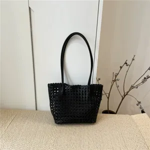 Sac cabas noir tressé ajouré, grand sac à main d'épaule décontracté pour les femmes.