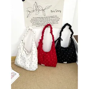 Korean style pleated ruffle shoulder bag, sweet chiffon polka dot handbag for women commuting.