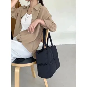 Large capacity women shoulder bag, black puffer tote bag for autumn winter, stylish commuter style.