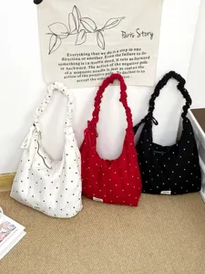 Women Casual Canvas Tote Bag Large Capacity Polka Dot Shoulder Bag Ruffled Pleated Commuting Handbag