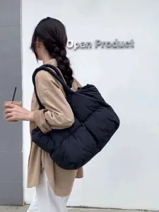 Women's winter large capacity black puffer shoulder bag casual versatile tote bag for daily commute