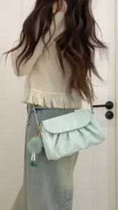 Mint green cloud ruched shoulder bag for women, stylish crossbody purse with plush charm.