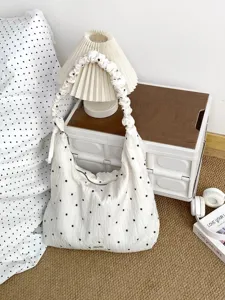White ruffled shoulder bag with black polka dots, sweet casual hobo tote bag for women.