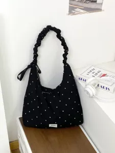Black Chiffon Floral Hobo Bag Ruffled Strap Casual Tote Bag Women Handbag Daily Commute