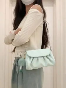 Women Small Cloud Pleated Underarm Bag PU Leather Casual Solid Color Shoulder Messenger Bag Fashion Chain Handbag