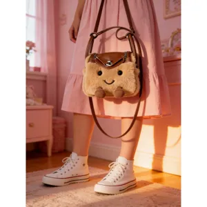 Detailed view of cute plush animal crossbody bag with fuzzy texture and brown leather handles.