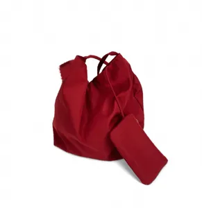 Red nylon shoulder bag for women, large capacity slouchy tote with a small pouch.