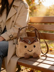 Cute plush shoulder bag with smiley face and small feet, mini brown crossbody bag for women.