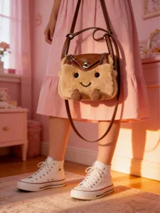 Cute plush cross-body bag for women, fluffy fuzzy doll shoulder bag with cute face design.