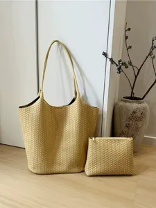 Women Large Capacity Woven Tote Bag PU Leather Retro Commuting Shoulder Bag Casual Travel Vacation Handbag With Pouch