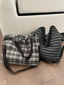 Detailed view of casual large capacity vintage plaid and striped knit tote shoulder bags.