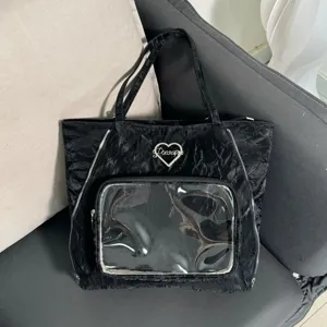 Black water-wave ita bag with clear window, large capacity versatile shoulder tote bag.