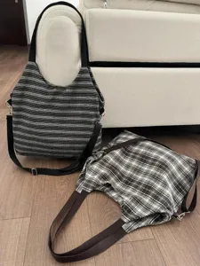 Fashion Canvas Tote Bag Vintage Stripe Plaid Shoulder Bag Large Capacity Casual Commuting Handbag For Women