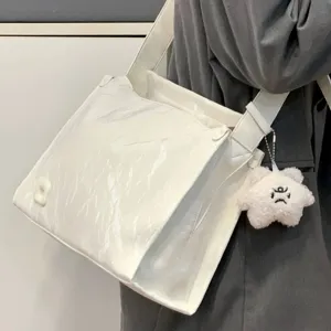 White crinkled texture large capacity shoulder messenger tote bag casual commute main view
